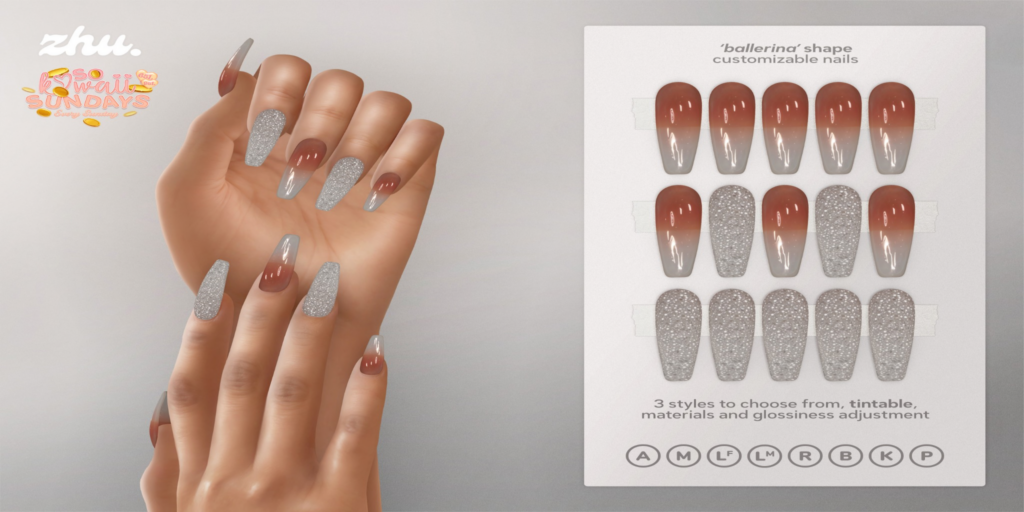 Ballerina Shape Mesh Nails - no fits listed	&lt;a href=&quot;http://maps.secondlife.com/secondlife/VELOUR/86/121/83&quot;&gt;Teleport&lt;/a&gt;