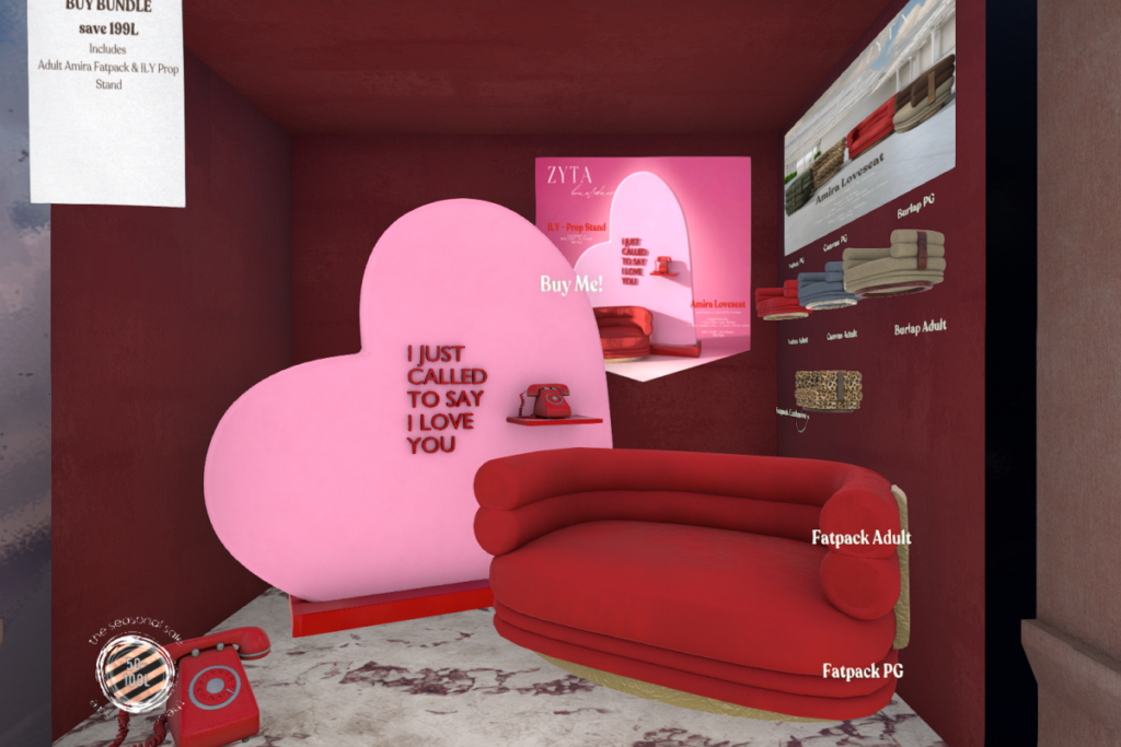 ILY Prop Stand, L$499 | Amira Loveseat, L$599-L$699 each/L$1399-L$1499 each FP | Red Telephone, L$99 | MegaPack, L$1799