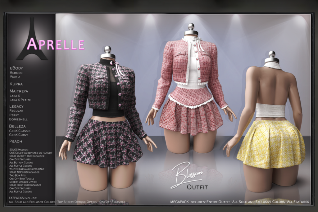 Blossom Outfit - GenX/Inithium/Legacy/MaitreyaX/Peach/Reborn/+mods, L$229-L$269 each/L$899-L$999 each FP/L$1999 MP