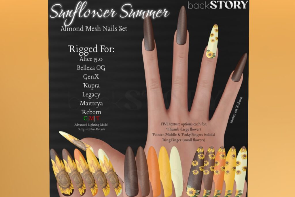 Sunflower Summer Almond Nails - Alice/Belleza/GenX/Inithium/Legacy/Maitreya/Reborn, L$100