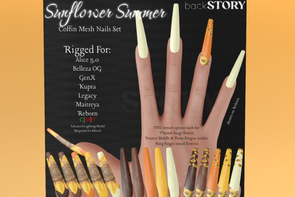 Sunflower Summer Coffin Nails - Alice/Belleza/GenX/Inithium/Legacy/Maitreya/Reborn, L$100