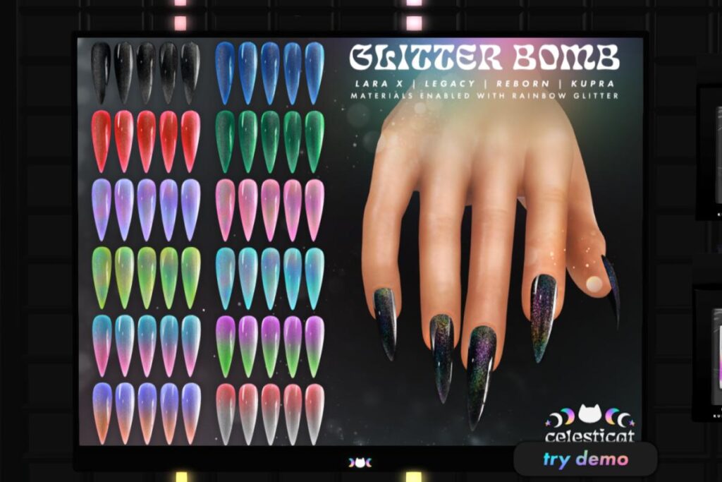 Glitter Bomb Nails - Inithium/Legacy/MaitreyaX/Reborn/+mods, L$199 each/L$525 FP