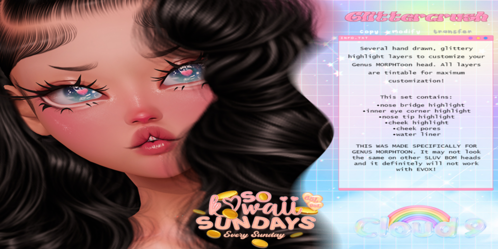 Glittercrush Cosmetics - Genus	&lt;a href=&quot;http://maps.secondlife.com/secondlife/Velvet%20Isle/144/24/2847&quot;&gt;Teleport&lt;/a&gt;