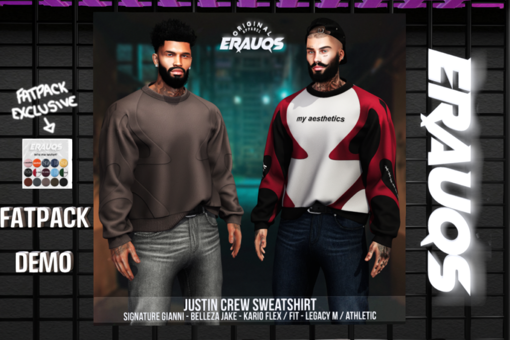 Justin Crew Sweatshirt - Gianni/Jake/Kario Fit+Flex/Legacy/+mods, L$235 each/L$845 FP