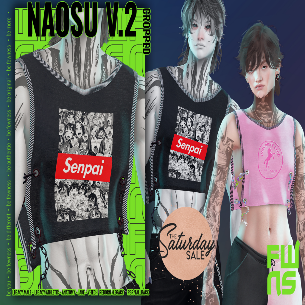 Naossu Cropped V2 Tank - Anatomy/Jake/Legacy V-Tech/Reborn V-Tech	&lt;a href=&quot;http://maps.secondlife.com/secondlife/Moonstar/102/125/1202&quot;&gt;Teleport&lt;/a&gt;