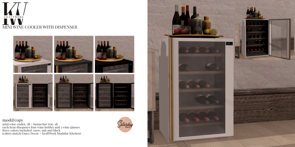 Mini Wine Cooler With Dispenser	&lt;a href=&quot;http://maps.secondlife.com/secondlife/KraftWork/230/122/21&quot;&gt;Teleport&lt;/a&gt;