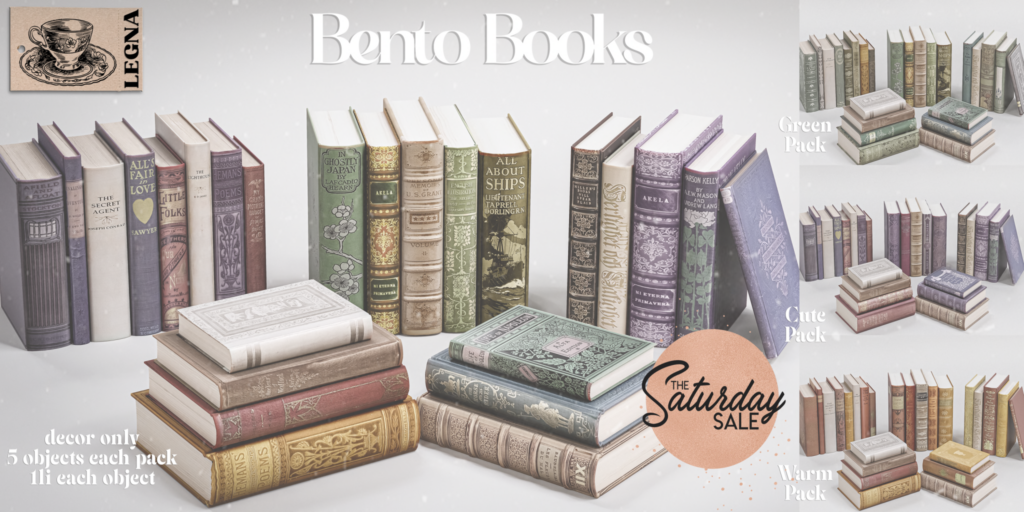 Bento Books Decor Set	&lt;a href=&quot;http://maps.secondlife.com/secondlife/Dream%20Lake/114/111/26&quot;&gt;Teleport&lt;/a&gt;