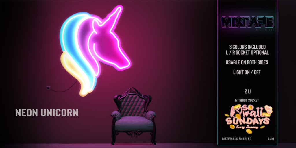 Neon Unicorn Decor	&lt;a href=&quot;http://maps.secondlife.com/secondlife/Lovely%20Day/110/190/27&quot;&gt;Teleport&lt;/a&gt;