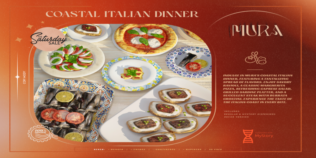 Coastal Italian Dinner Decor Set	&lt;a href=&quot;http://maps.secondlife.com/secondlife/Tuvali/201/185/38&quot;&gt;Teleport&lt;/a&gt;