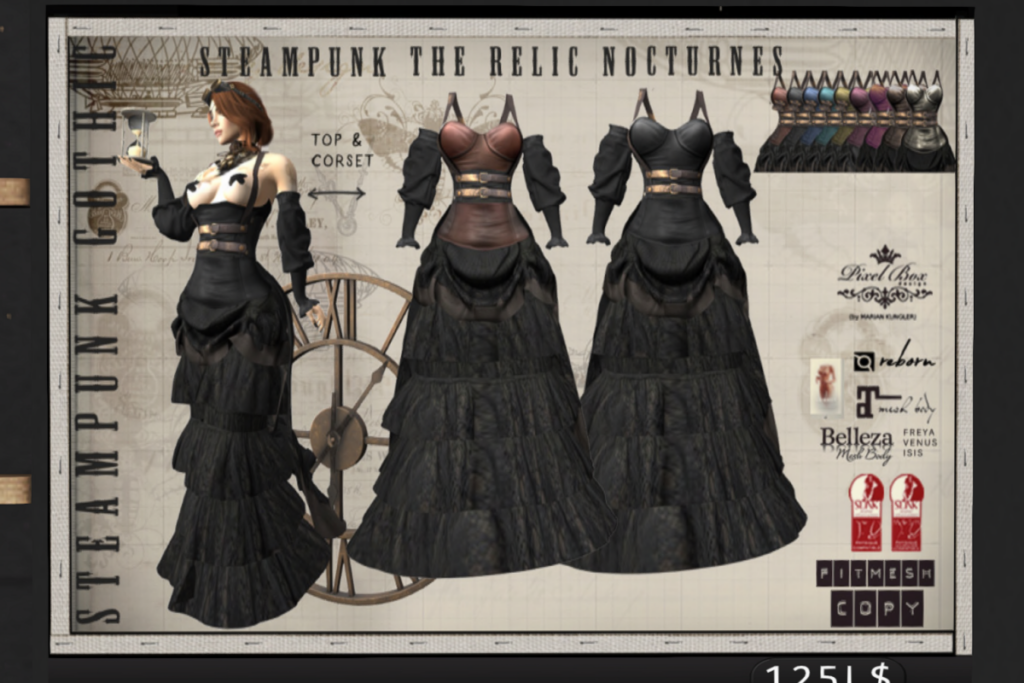 Steampunk The Relic Nocturnes Dress - Belleza OG/Fitmesh/Legacy/Maitreya/Reborn/Slink/+mods, L$125