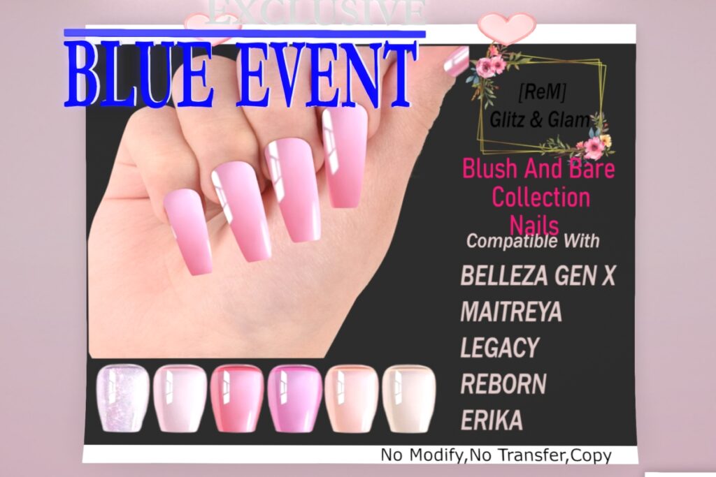 Blush &amp; Bare Collection Mesh Nails - Erika/GenX/Legacy/Maitreya/Reborn, L$99 each/L$300 FP