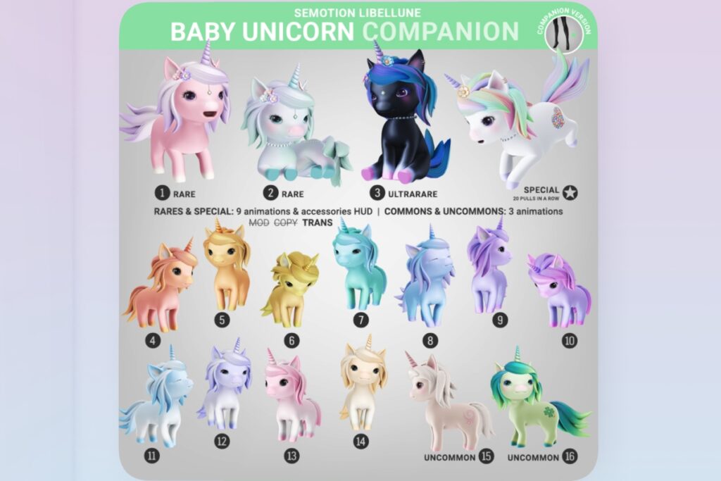 Baby Unicorn Animesh Companion, L$85 per play/L$185 each Limited Edition