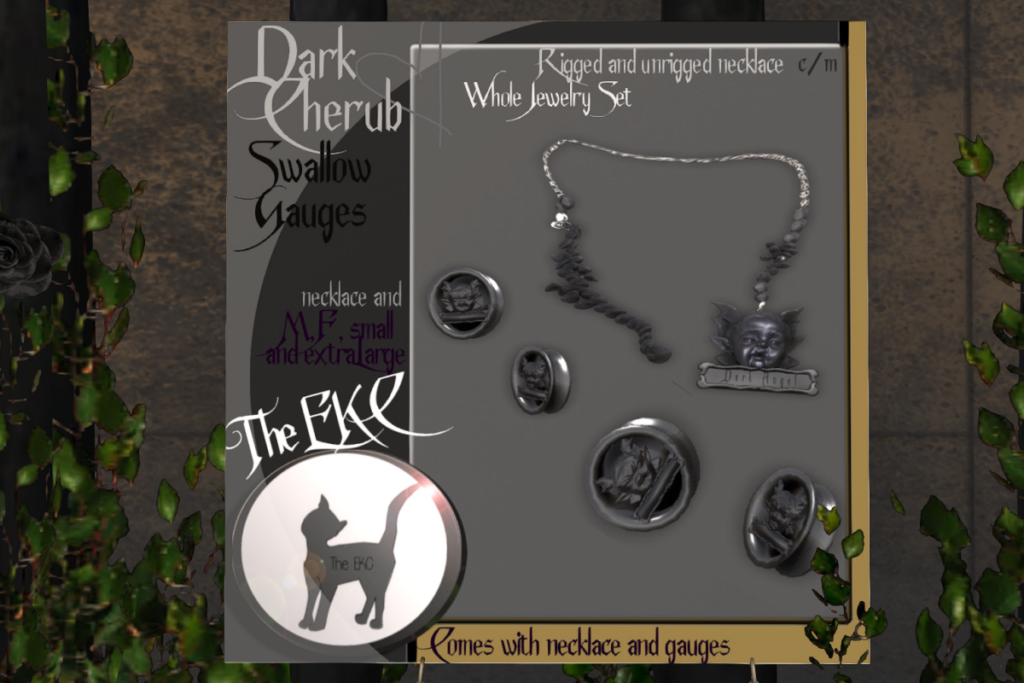 Dark Cherub Jewelry Set - Swallow Gauged S &amp; XL F+M Ears/Unrigged, L$150