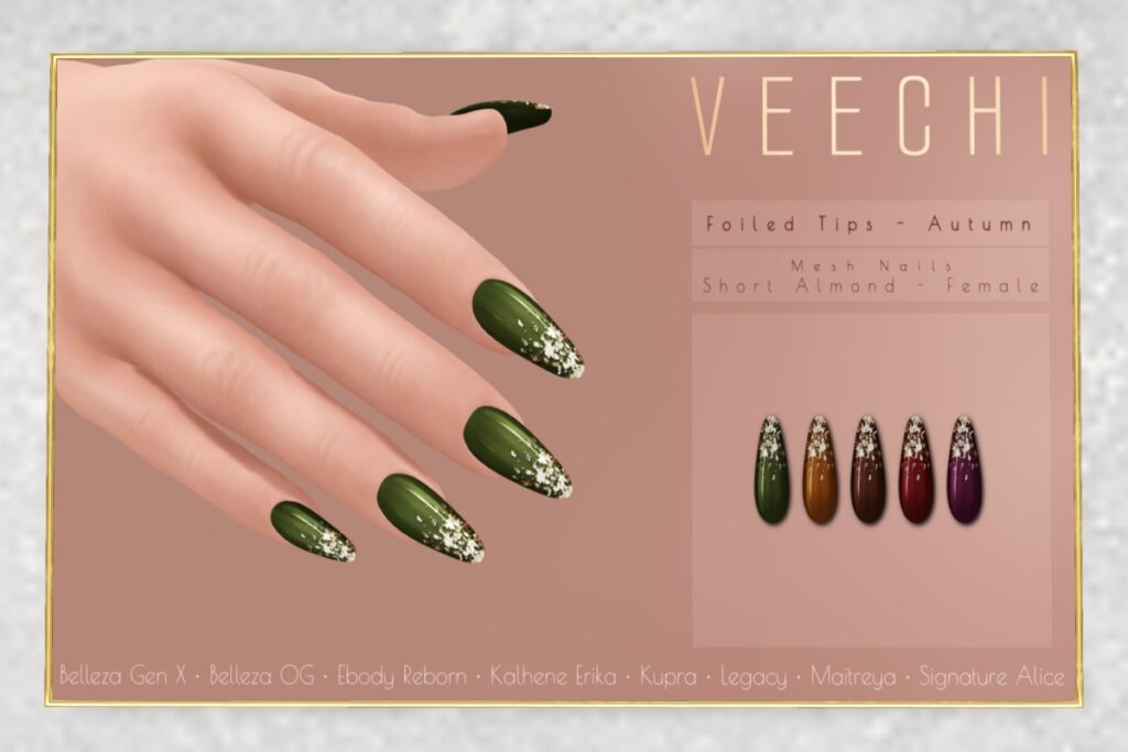 Autumn Foiled Tips Mesh Nails - see ad for fits	&lt;a href=&quot;https://maps.secondlife.com/secondlife/floorplan/194/165/28&quot;&gt;Teleport&lt;/a&gt;