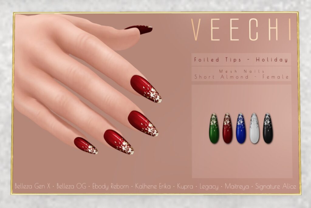 Holiday Foiled Tips Mesh Nails - see ad for fits	&lt;a href=&quot;https://maps.secondlife.com/secondlife/floorplan/194/165/28&quot;&gt;Teleport&lt;/a&gt;